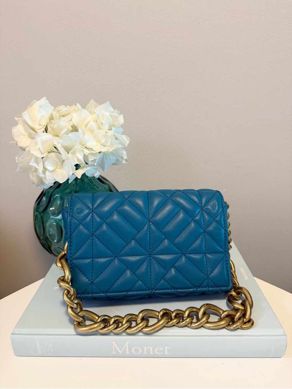 Zara Quilted Teal Chain Shoulder Bag